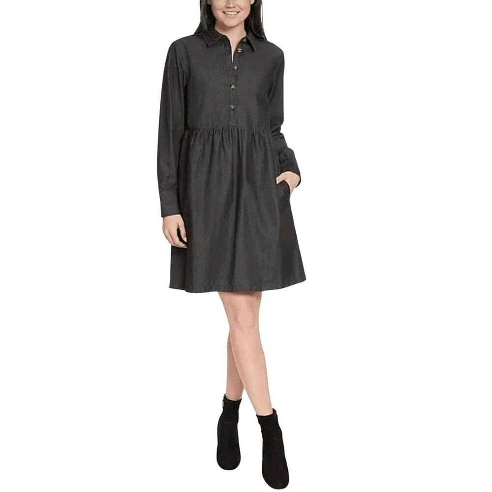 Nine West Black Denim Shirt Dress Long Sleeve Pockets Large NEW